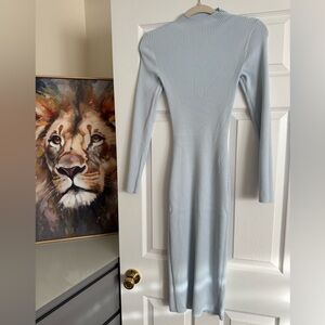 Babaton Light Blue Ribbed Long-Sleeve Midi Dress